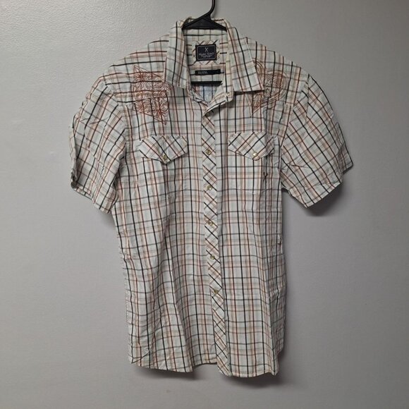 Marc Ecko Snap Down Shirt Short Sleeve Embroidered Mens Large Card Suite Poker T - Picture 1 of 13